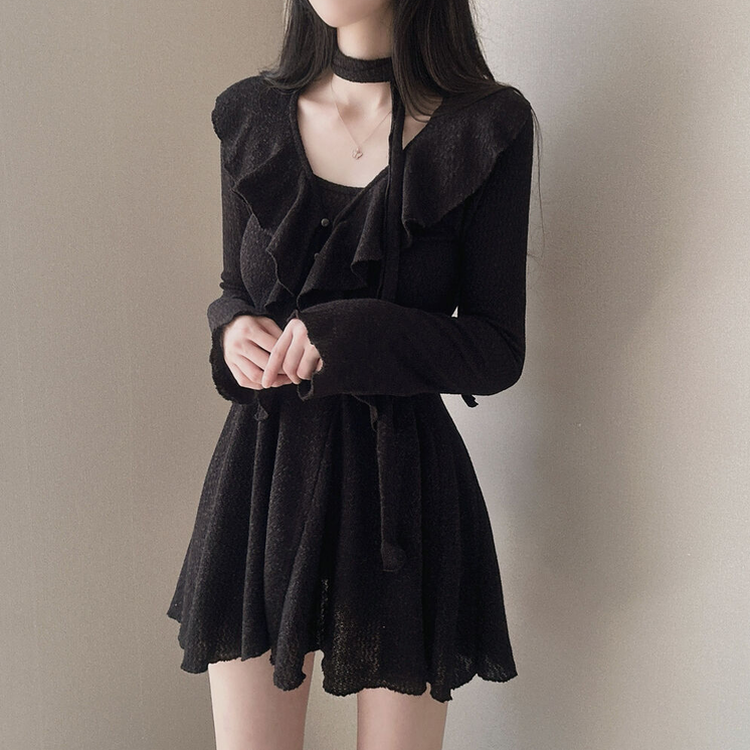 【3 PIECE SET】フリルカーディガン+ミニワンピース+スカーフ BLACK