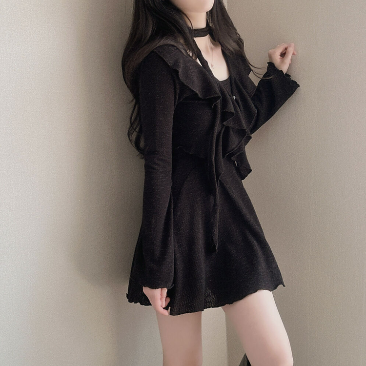 【3 PIECE SET】フリルカーディガン+ミニワンピース+スカーフ BLACK