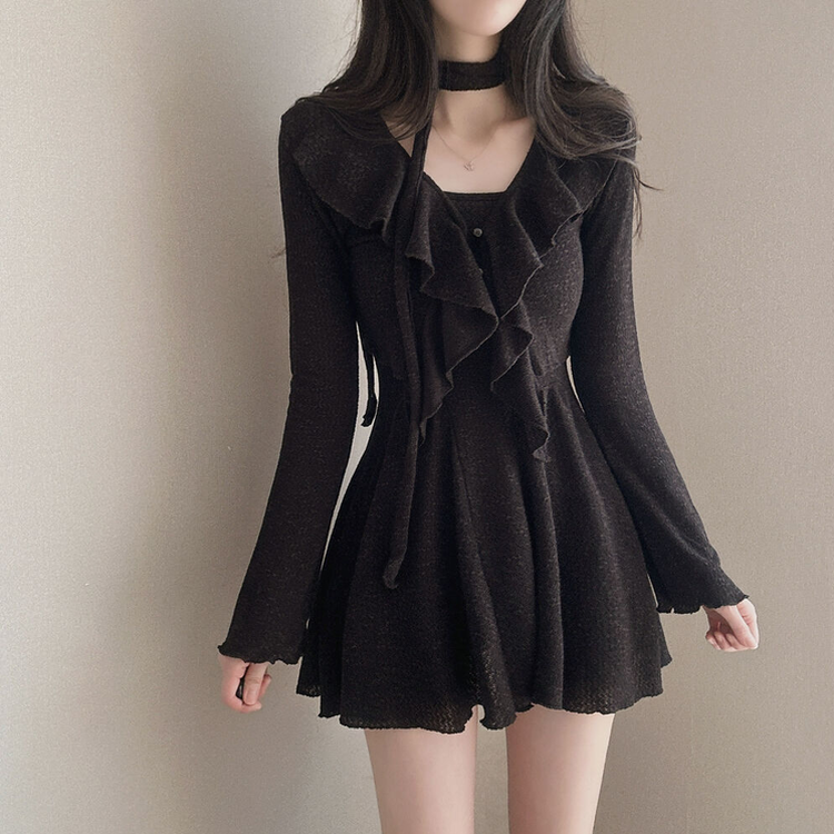 【3 PIECE SET】フリルカーディガン+ミニワンピース+スカーフ BLACK