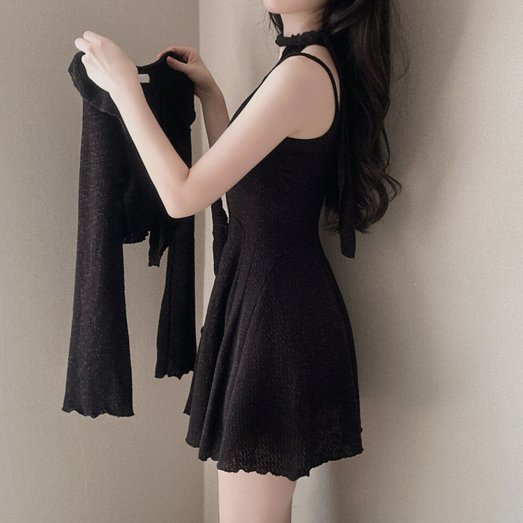 【3 PIECE SET】フリルカーディガン+ミニワンピース+スカーフ BLACK