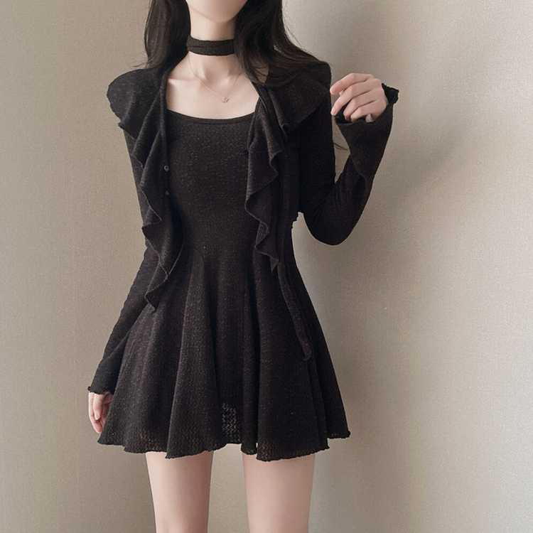 【3 PIECE SET】フリルカーディガン+ミニワンピース+スカーフ BLACK