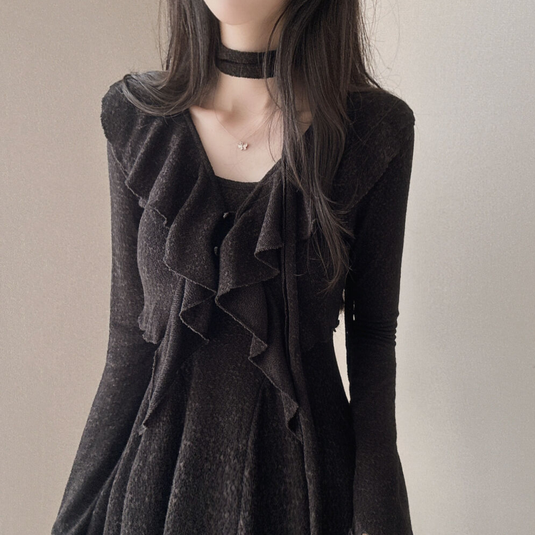 【3 PIECE SET】フリルカーディガン+ミニワンピース+スカーフ BLACK