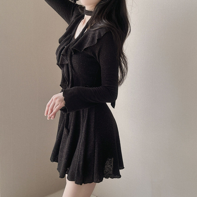 【3 PIECE SET】フリルカーディガン+ミニワンピース+スカーフ BLACK
