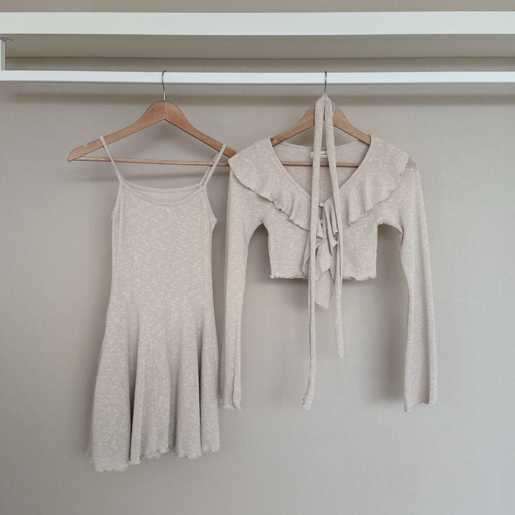 【3 PIECE SET】フリルカーディガン+ミニワンピース+スカーフ