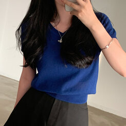 ニット キャップスリーブVネック半袖ニット COBALT BLUE