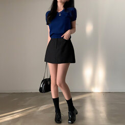 ニット キャップスリーブVネック半袖ニット COBALT BLUE