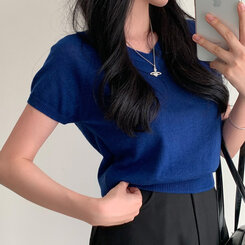 ニット キャップスリーブVネック半袖ニット COBALT BLUE
