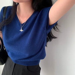 ニット キャップスリーブVネック半袖ニット COBALT BLUE