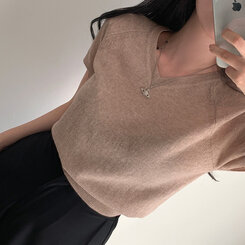 ニット キャップスリーブVネック半袖ニット DARK BEIGE