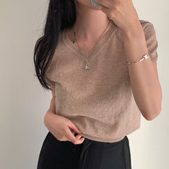 ニット キャップスリーブVネック半袖ニット DARK BEIGE