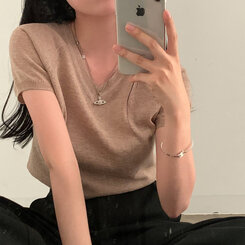 ニット キャップスリーブVネック半袖ニット DARK BEIGE