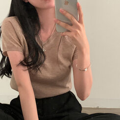 ニット キャップスリーブVネック半袖ニット DARK BEIGE