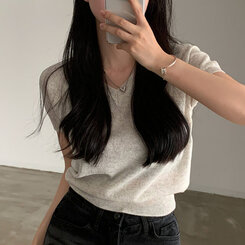 ニット キャップスリーブVネック半袖ニット OATMAEL GRAY