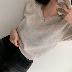 ニット キャップスリーブVネック半袖ニット OATMAEL GRAY