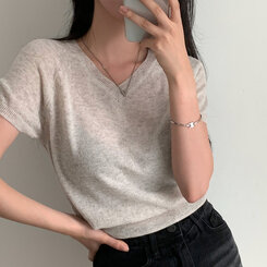 ニット キャップスリーブVネック半袖ニット OATMAEL GRAY