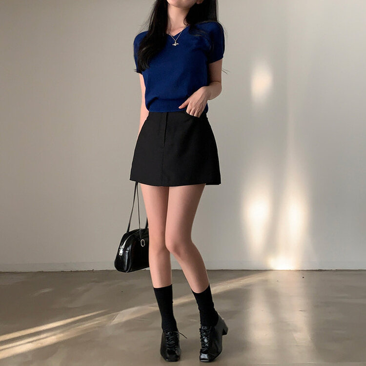 キャップスリーブVネック半袖ニット COBALT BLUE