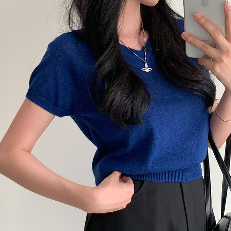 キャップスリーブVネック半袖ニット COBALT BLUE