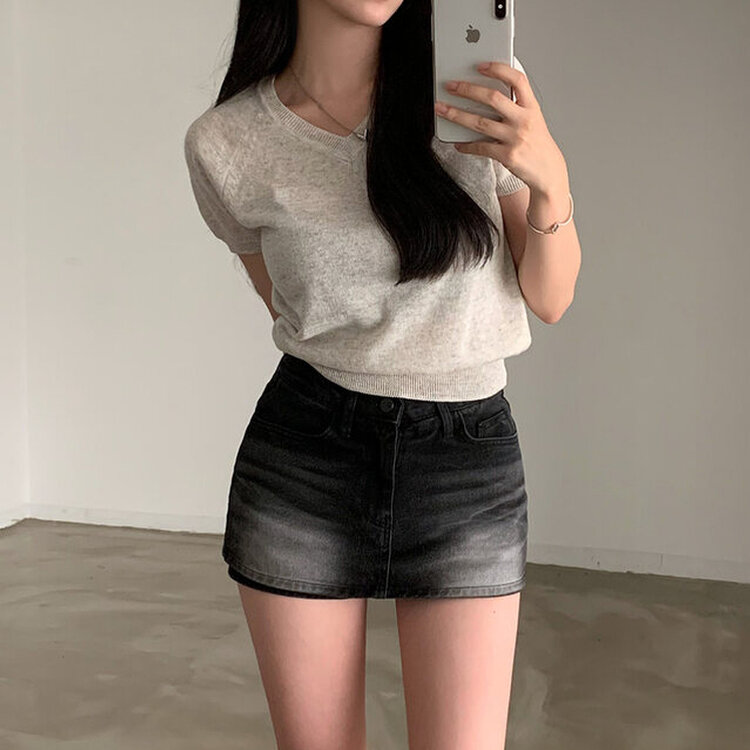 キャップスリーブVネック半袖ニット OATMAEL GRAY