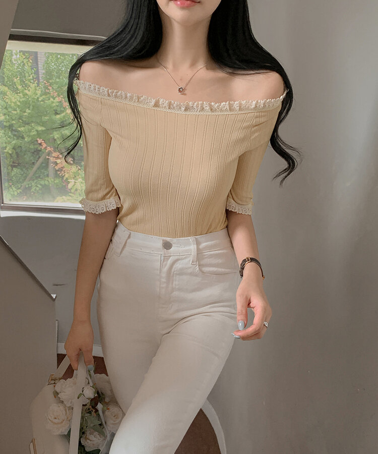 レースオフショルダー長袖Tシャツ｜半袖Tシャツ｜韓国ファッション