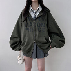 オーバーフィットレタリングツーウェイフードジップアップ KHAKI