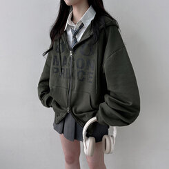 オーバーフィットレタリングツーウェイフードジップアップ KHAKI