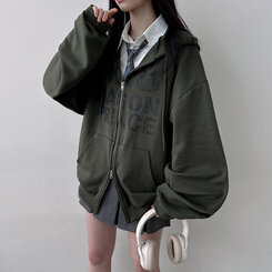 オーバーフィットレタリングツーウェイフードジップアップ KHAKI