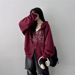 オーバーフィットレタリングツーウェイフードジップアップ WINE