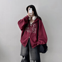 オーバーフィットレタリングツーウェイフードジップアップ WINE