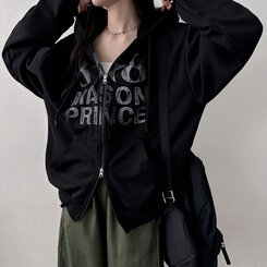 オーバーフィットレタリングツーウェイフードジップアップ BLACK