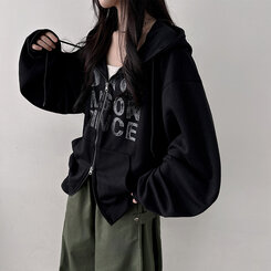 オーバーフィットレタリングツーウェイフードジップアップ BLACK