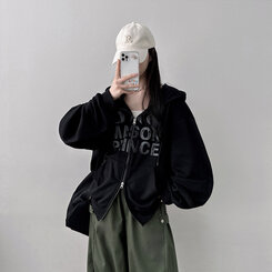 オーバーフィットレタリングツーウェイフードジップアップ BLACK