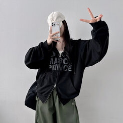 オーバーフィットレタリングツーウェイフードジップアップ BLACK