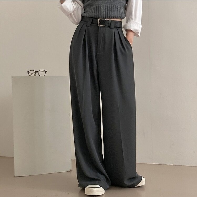 리스트 투핀턱 벨트 롱 와이드 슬랙스 팬츠 그레이