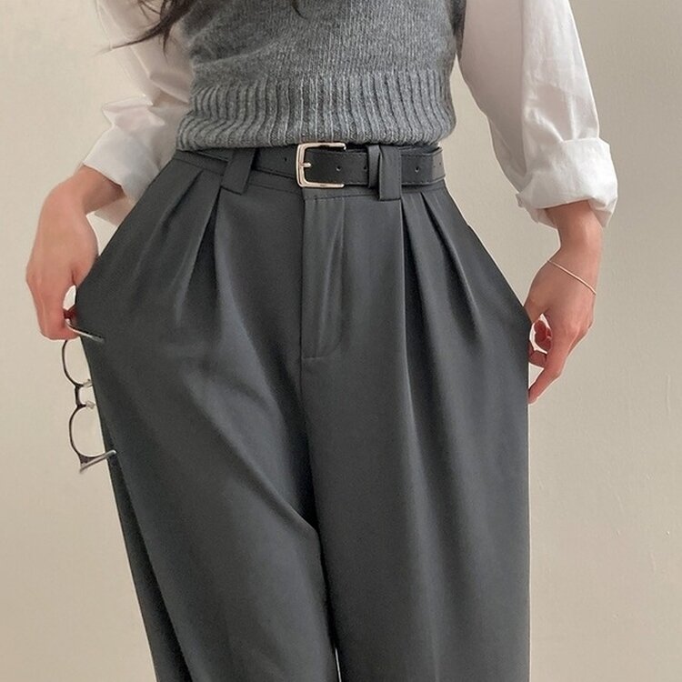리스트 투핀턱 벨트 롱 와이드 슬랙스 팬츠 그레이
