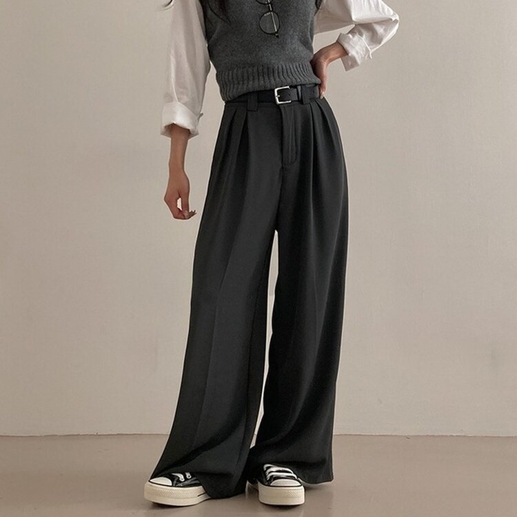 리스트 투핀턱 벨트 롱 와이드 슬랙스 팬츠 그레이