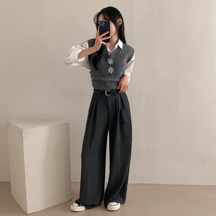 리스트 투핀턱 벨트 롱 와이드 슬랙스 팬츠 그레이