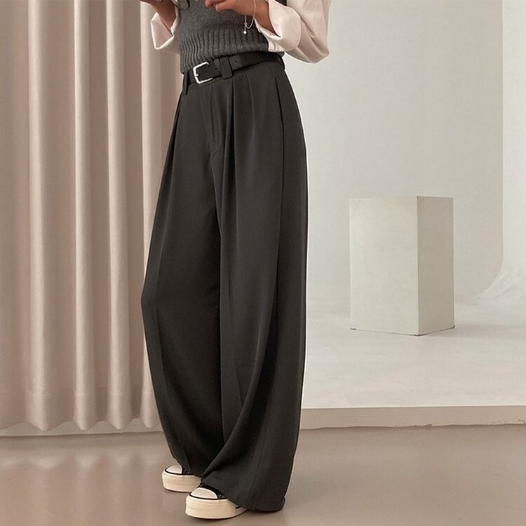 리스트 투핀턱 벨트 롱 와이드 슬랙스 팬츠 그레이