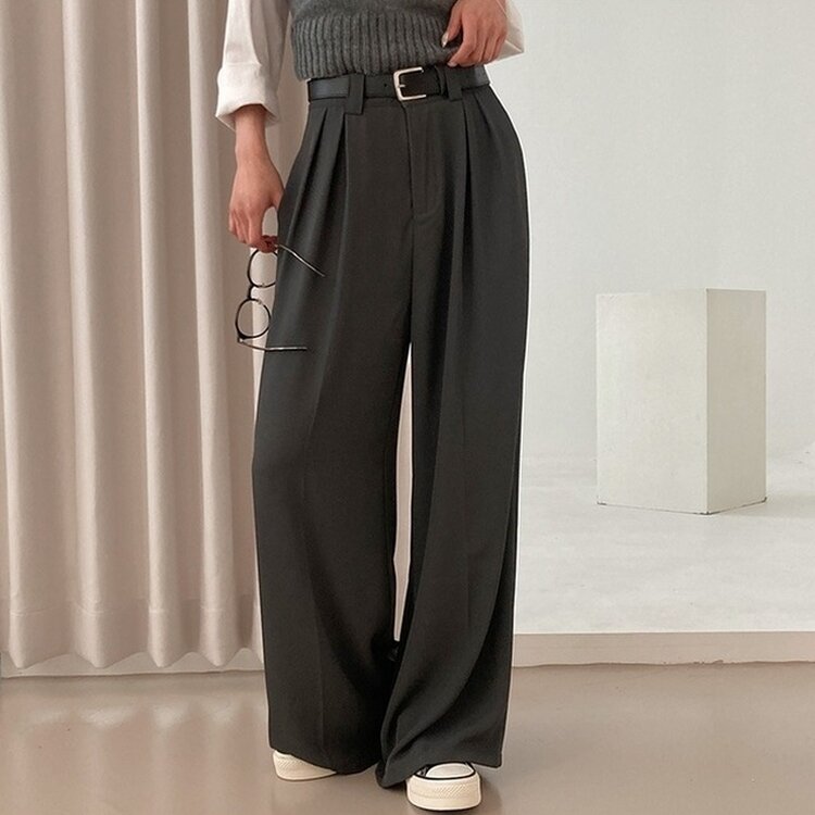 리스트 투핀턱 벨트 롱 와이드 슬랙스 팬츠 그레이