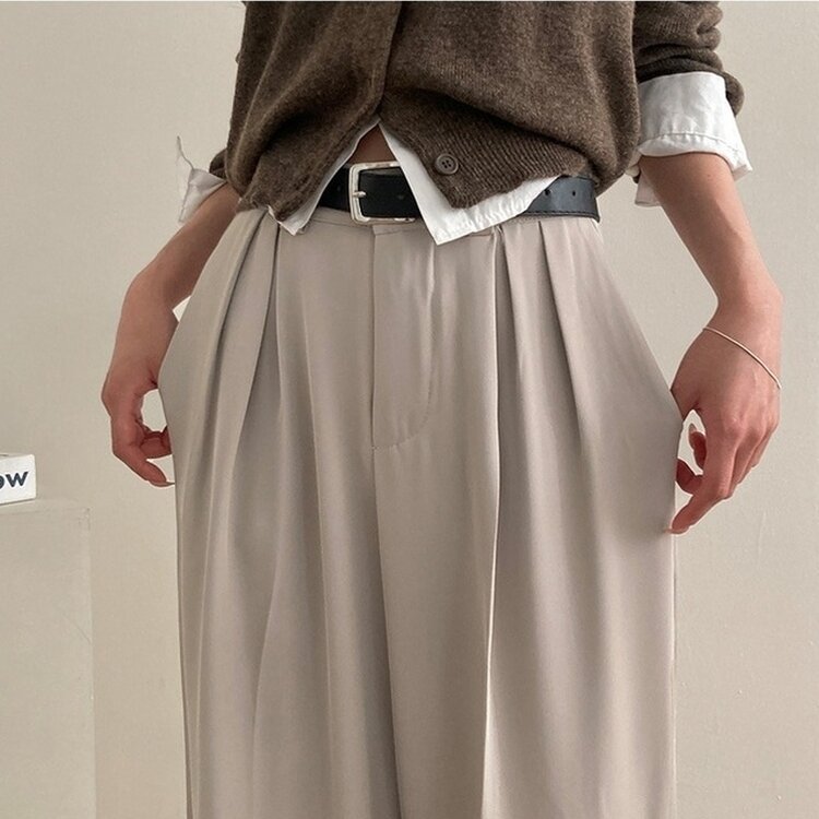 리스트 투핀턱 벨트 롱 와이드 슬랙스 팬츠 베이지