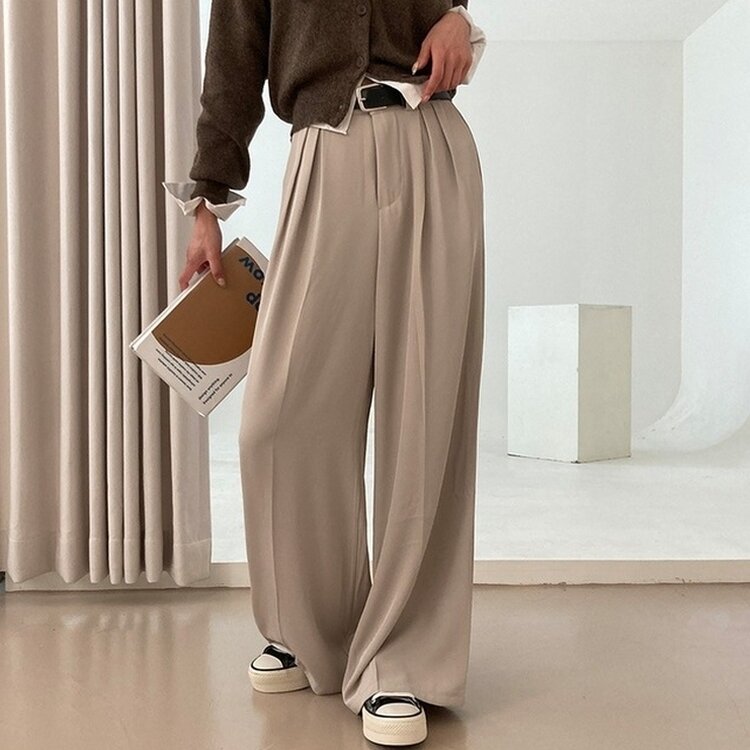 리스트 투핀턱 벨트 롱 와이드 슬랙스 팬츠 베이지