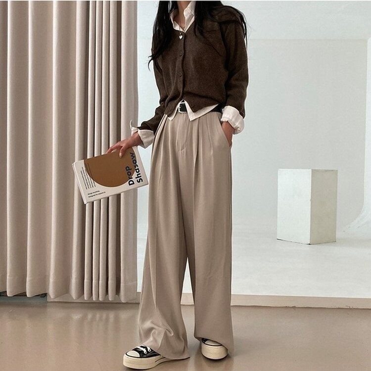 리스트 투핀턱 벨트 롱 와이드 슬랙스 팬츠 베이지