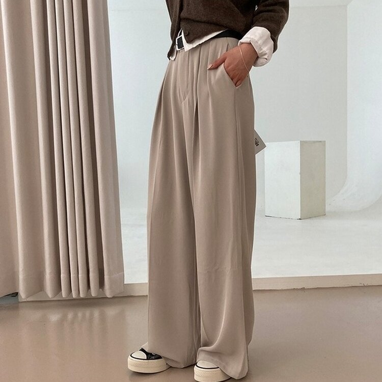 리스트 투핀턱 벨트 롱 와이드 슬랙스 팬츠 베이지