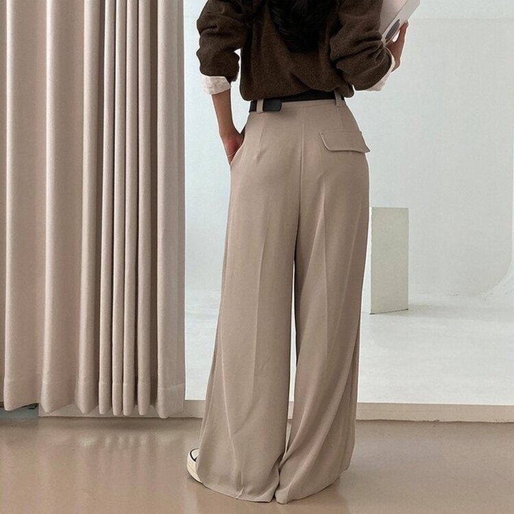 리스트 투핀턱 벨트 롱 와이드 슬랙스 팬츠 베이지