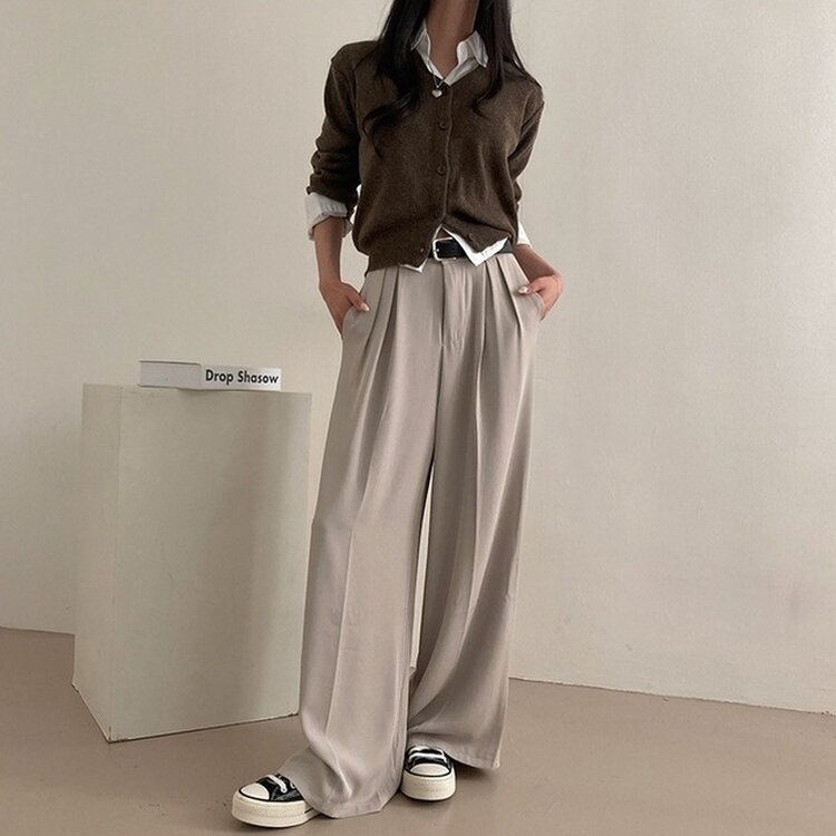 리스트 투핀턱 벨트 롱 와이드 슬랙스 팬츠 베이지