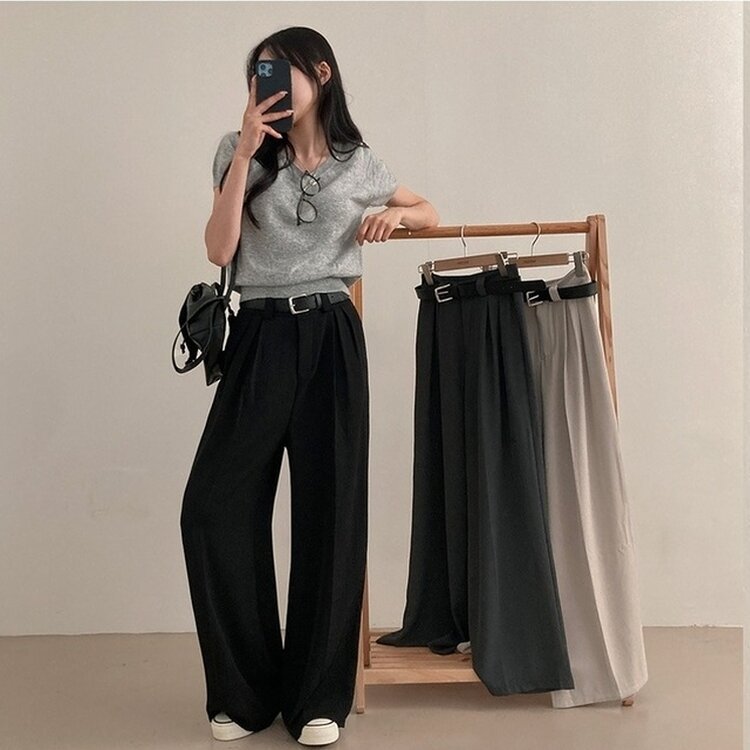 리스트 투핀턱 벨트 롱 와이드 슬랙스 팬츠 블랙