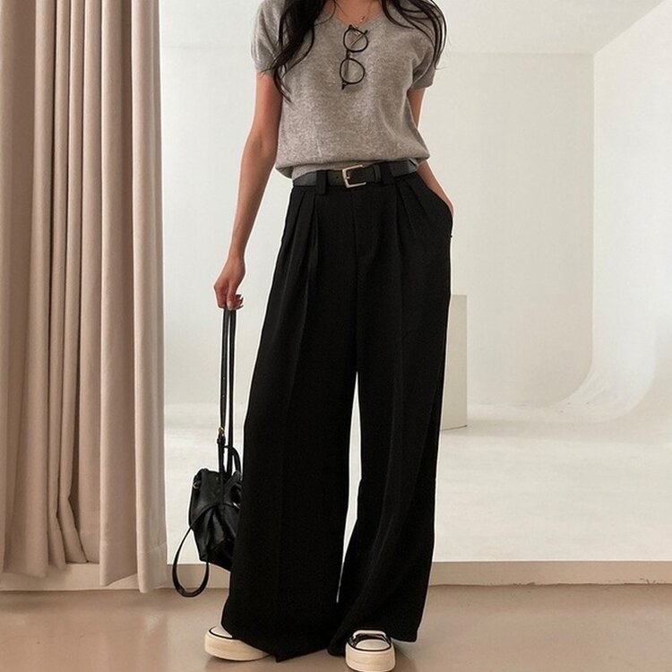 리스트 투핀턱 벨트 롱 와이드 슬랙스 팬츠 블랙