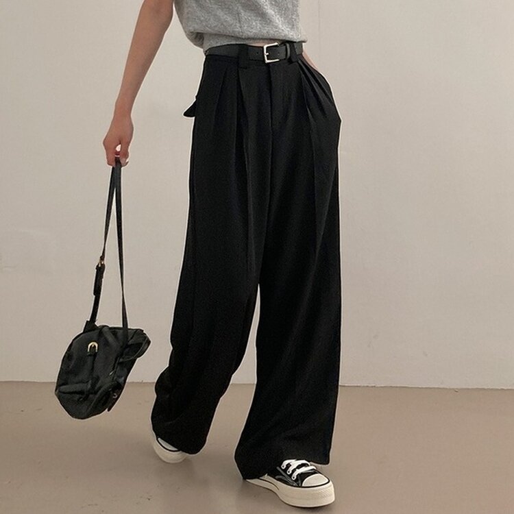 리스트 투핀턱 벨트 롱 와이드 슬랙스 팬츠 블랙