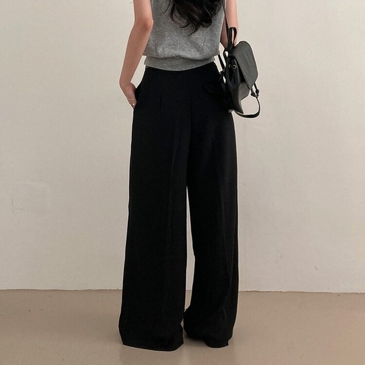 리스트 투핀턱 벨트 롱 와이드 슬랙스 팬츠 블랙