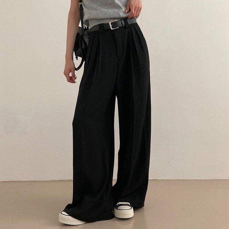 리스트 투핀턱 벨트 롱 와이드 슬랙스 팬츠 블랙