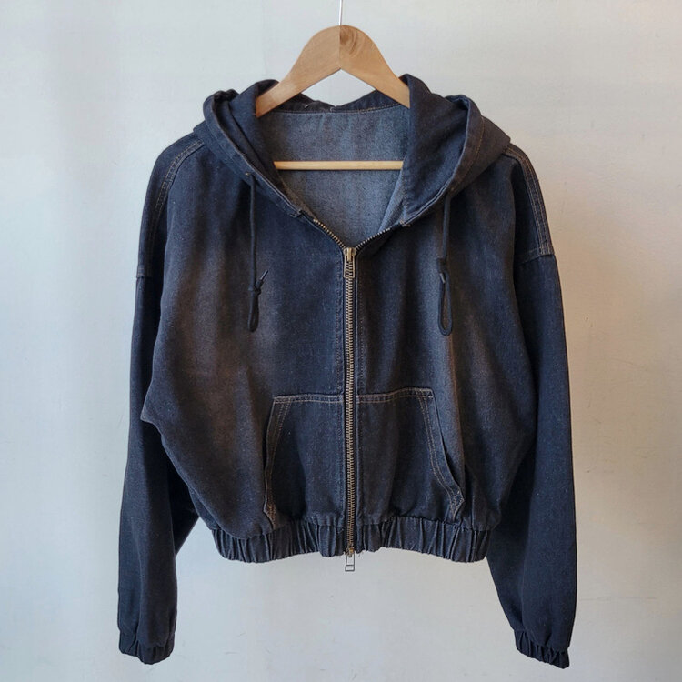 2WAYビンテージオーバーフィットクロップ長袖フードデニムジャケット